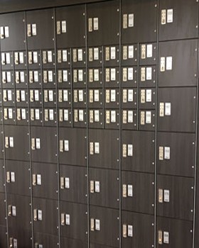 Cell phone and backpack locker array at a military training center