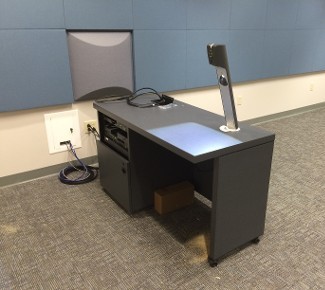 Small Instructor Desk with Document Camera, 10RU rack Rails and open storage
