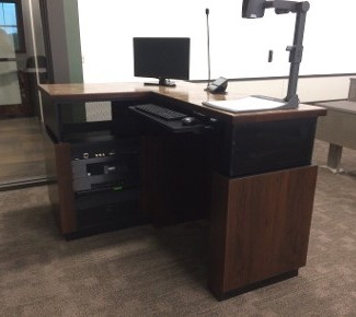 Instructor desk with return, height adjustable, 12RU rack and CPU compartment